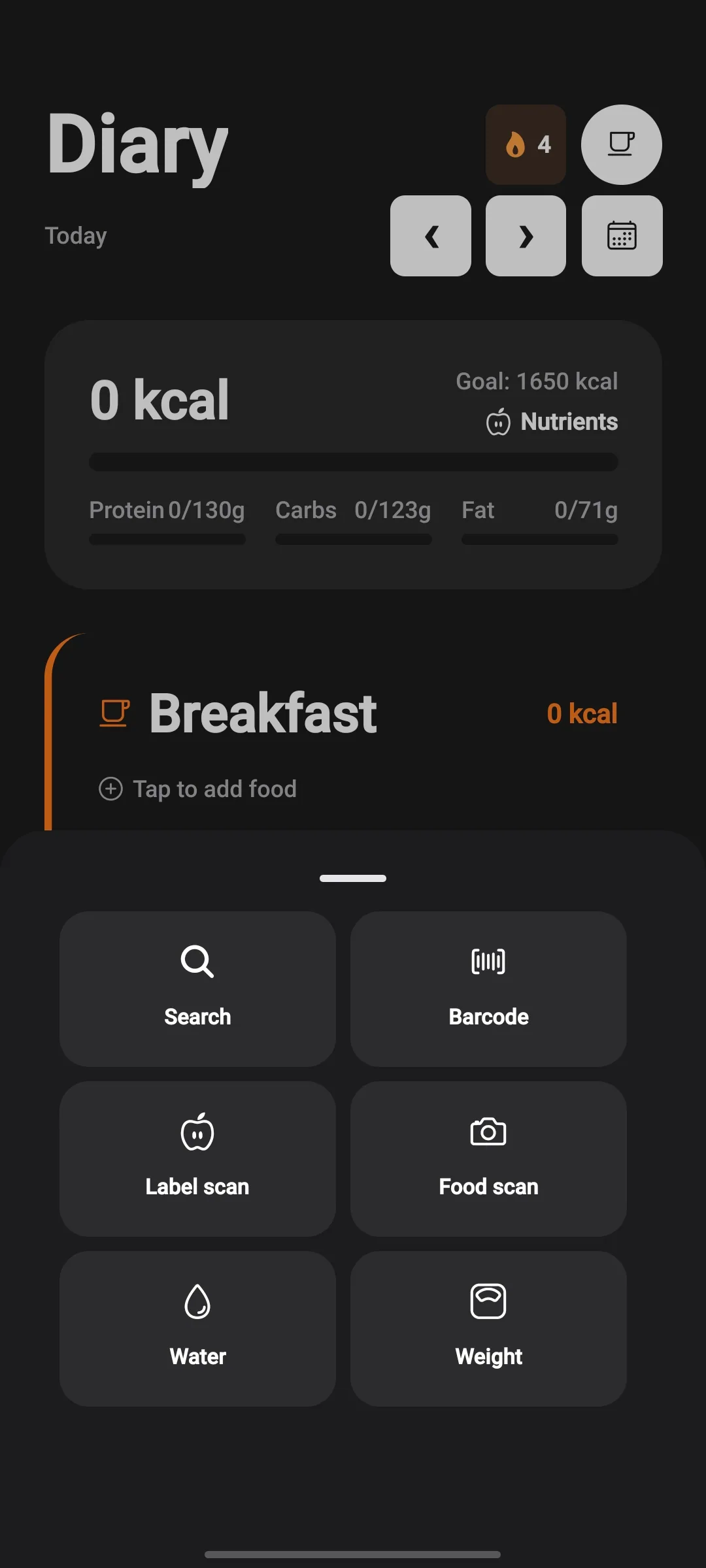 Diary screen showing the calorie goal, protein, carbs and fat targets, and the logging shortcut bar.